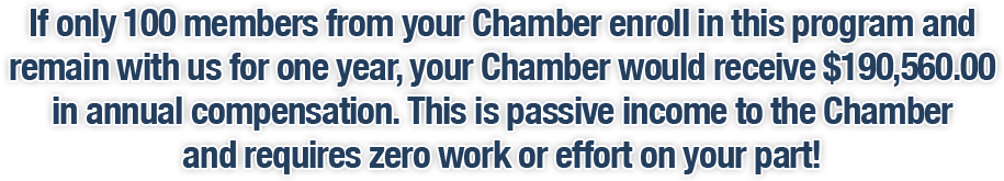 If only 100 members from your Chamber enroll in this program and remain with us for one year, your Chamber would receive $190,560.00 in annual compensation. This is passive income to the Chamber and requires zero work or effort on your part!